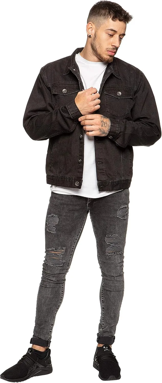 Ze ENZO Mens Denim Jacket Western Classic Style Trucker Vintage Style Jean Coat Black Blue