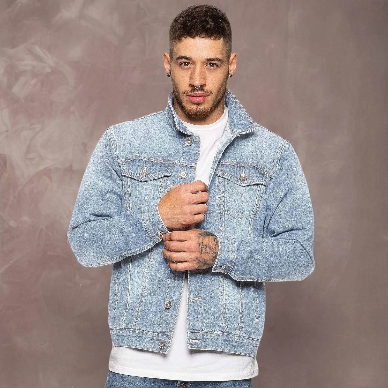 Ze ENZO Mens Denim Jacket Western Classic Style Trucker Vintage Style Jean Coat Black Blue