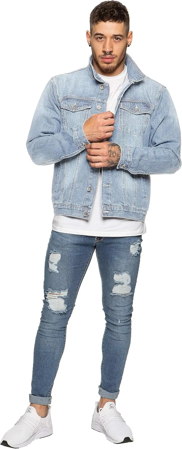 Ze ENZO Mens Denim Jacket Western Classic Style Trucker Vintage Style Jean Coat Black Blue