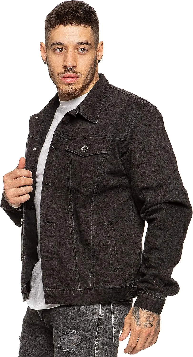 Ze ENZO Mens Denim Jacket Western Classic Style Trucker Vintage Style Jean Coat Black Blue
