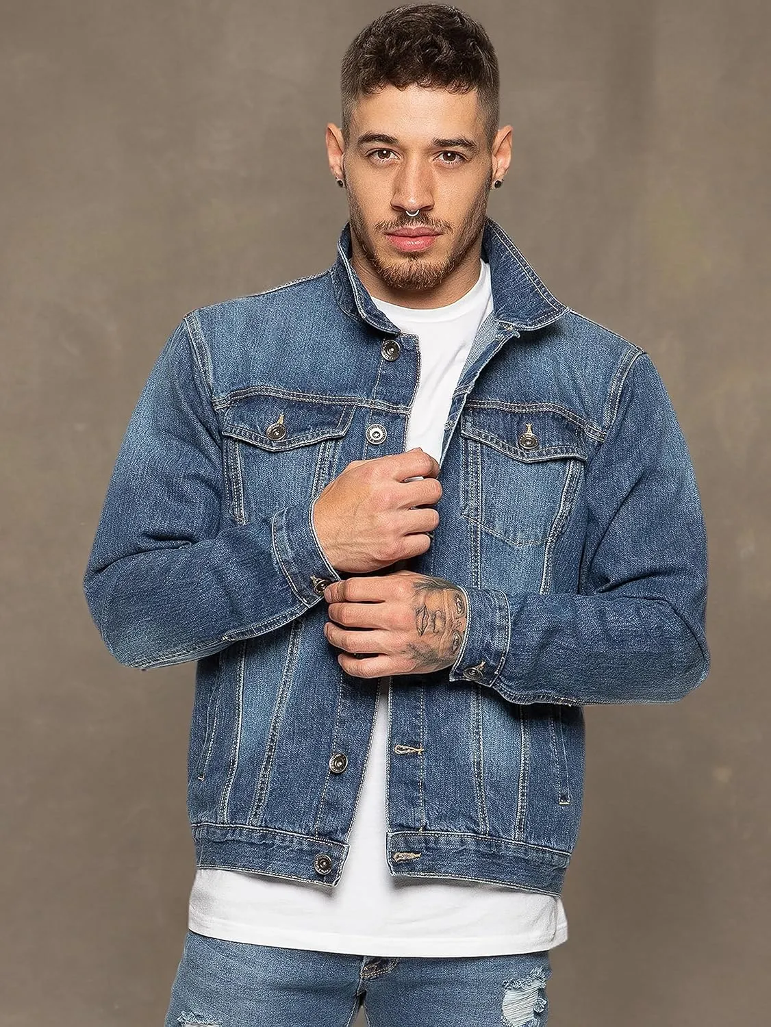 Ze ENZO Mens Denim Jacket Western Classic Style Trucker Vintage Style Jean Coat Black Blue