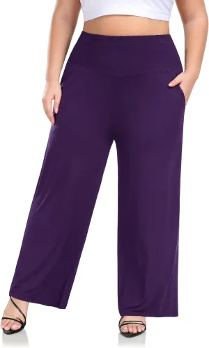 ZERDOCEAN Women's Plus Size Palazzo Pants Wide Leg Smocked Waist Casual Loose Lounge Pants with Pockets