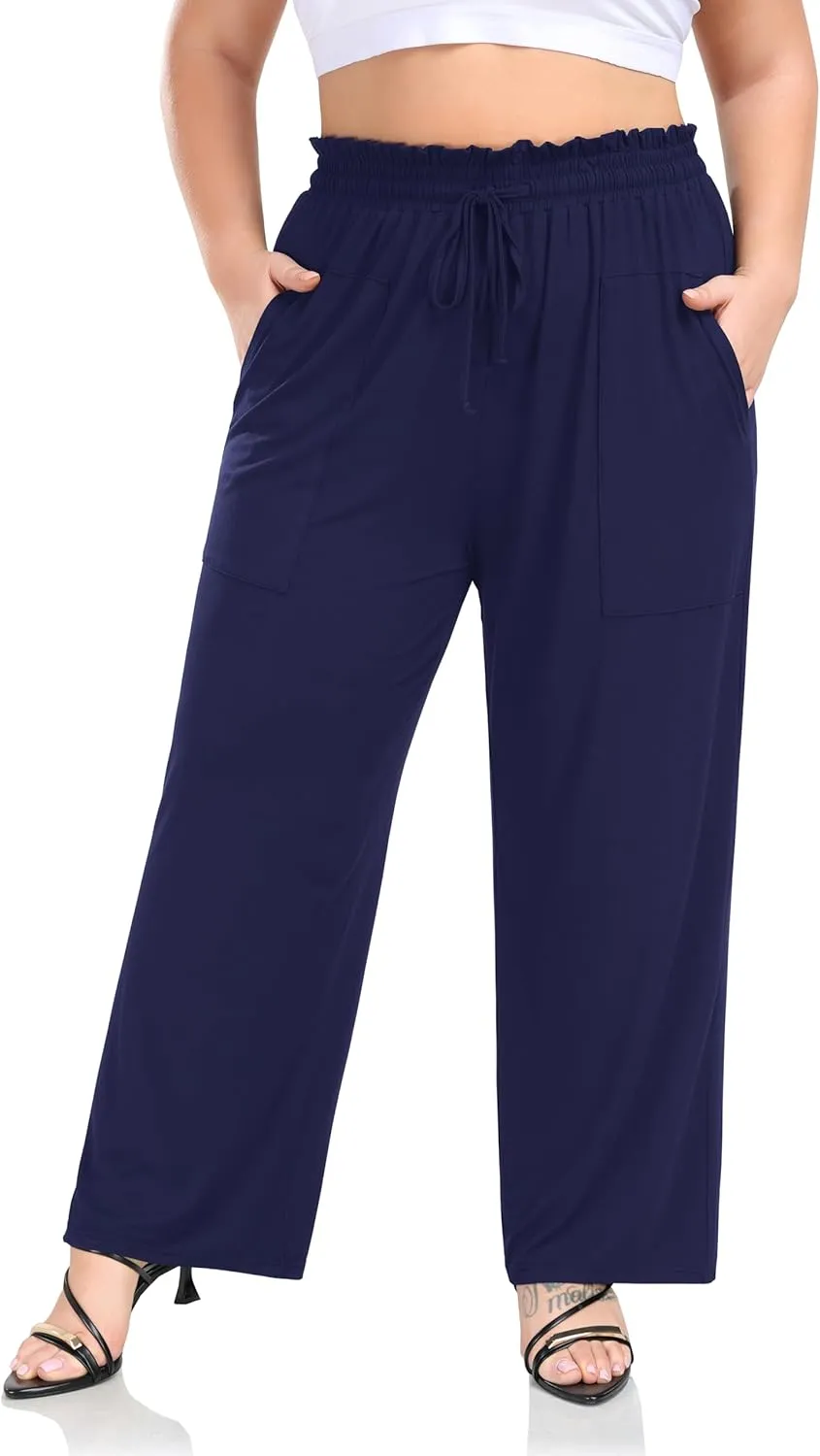 ZERDOCEAN Women's Plus Size Wide Leg Pants High Waisted Casual Lounge Yoga Pants with Drawstring Pockets