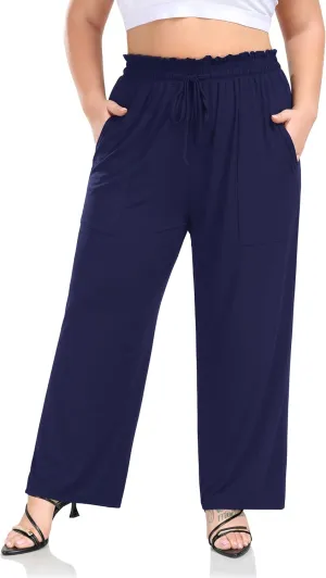 ZERDOCEAN Women's Plus Size Wide Leg Pants High Waisted Casual Lounge Yoga Pants with Drawstring Pockets