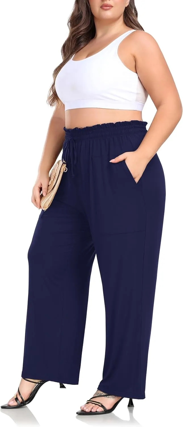 ZERDOCEAN Women's Plus Size Wide Leg Pants High Waisted Casual Lounge Yoga Pants with Drawstring Pockets
