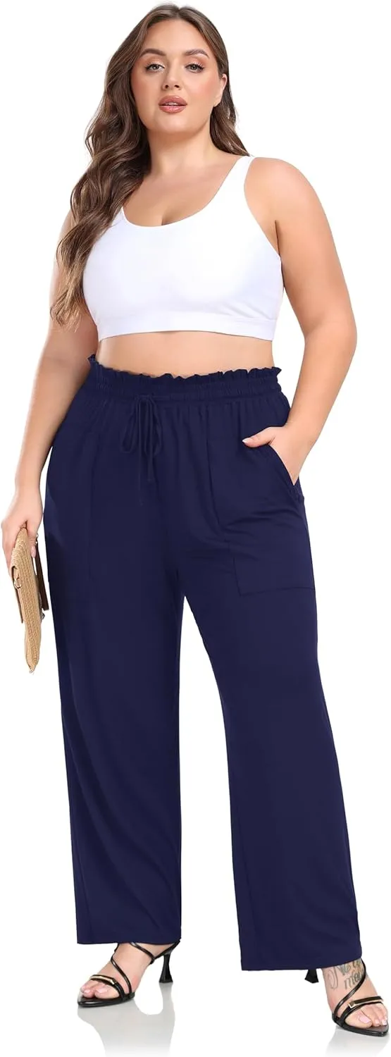 ZERDOCEAN Women's Plus Size Wide Leg Pants High Waisted Casual Lounge Yoga Pants with Drawstring Pockets