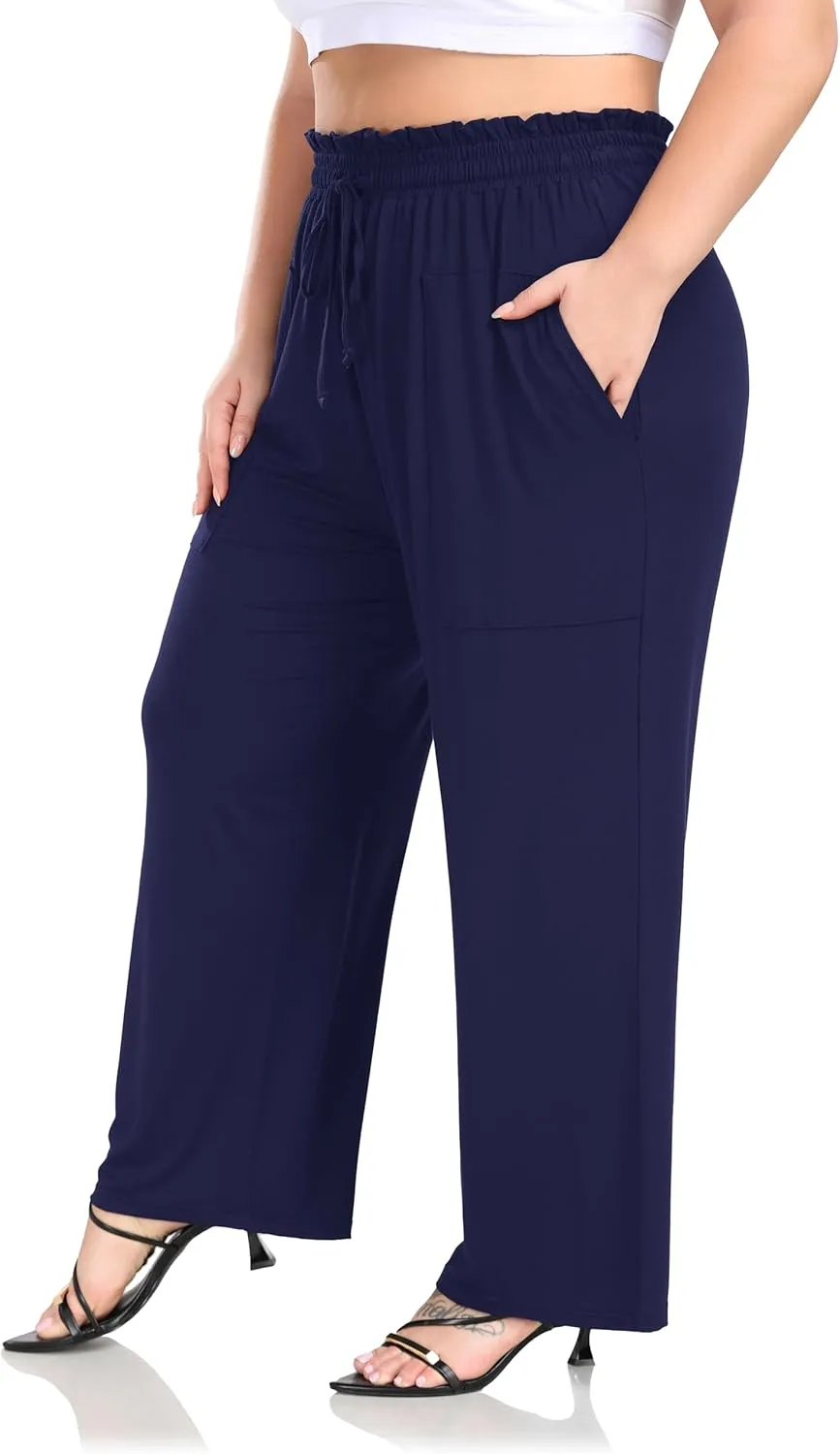 ZERDOCEAN Women's Plus Size Wide Leg Pants High Waisted Casual Lounge Yoga Pants with Drawstring Pockets