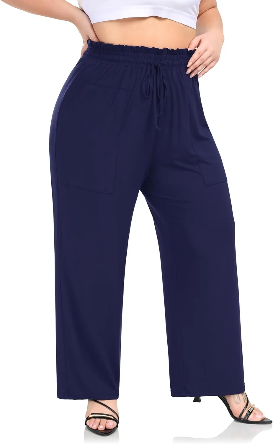 ZERDOCEAN Women's Plus Size Wide Leg Pants High Waisted Casual Lounge Yoga Pants with Drawstring Pockets