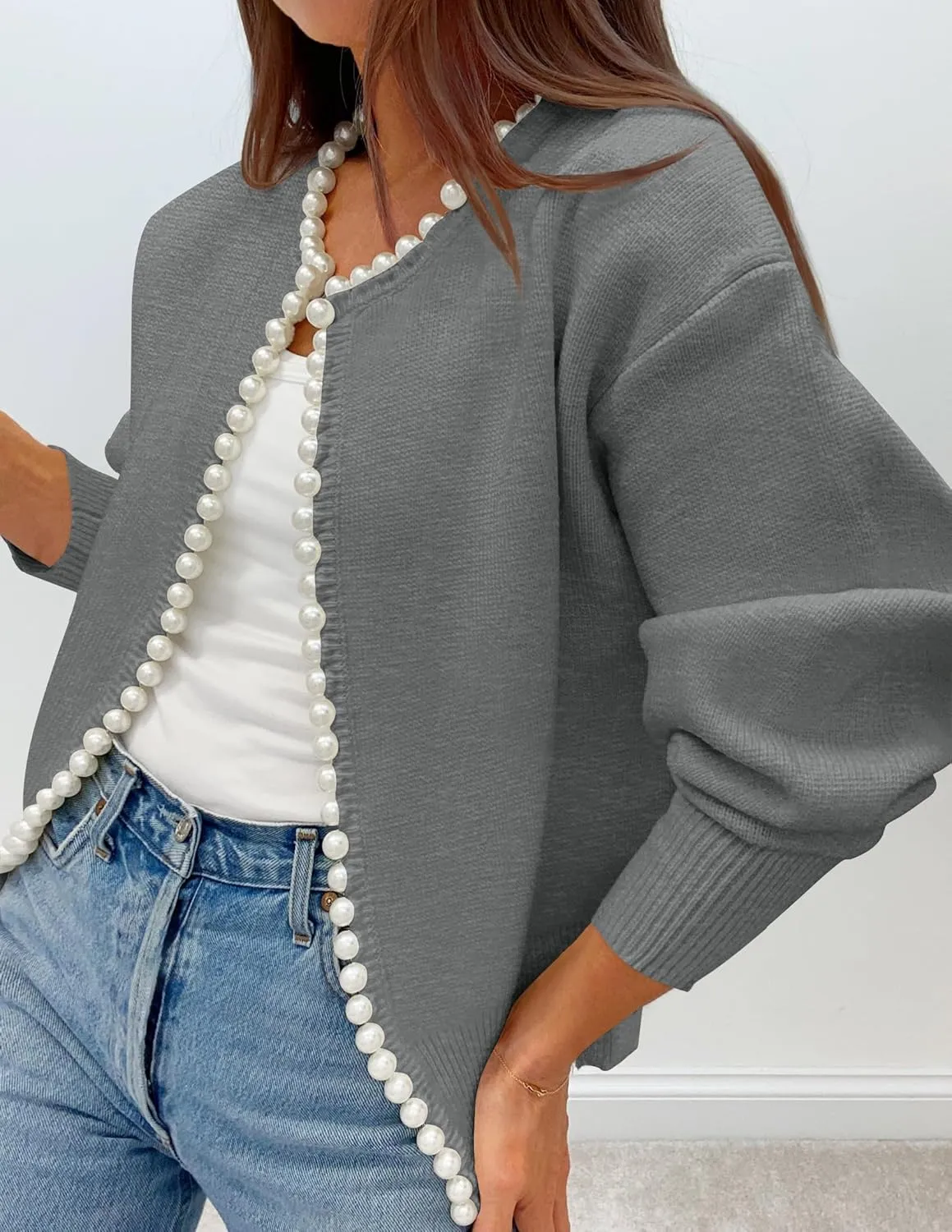 ZESICA Women's Open Front Cardigan Sweater Casual Knitted Long Sleeve Pearls Trim Outerwear Coat Trendy Clothes
