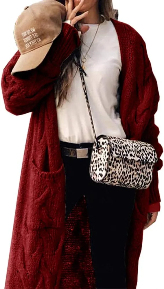 ZIWOCH Women's Long Cardigan Coats Cable Knit Casual Open Front Long Sleeve Loose Sweater with Pockets