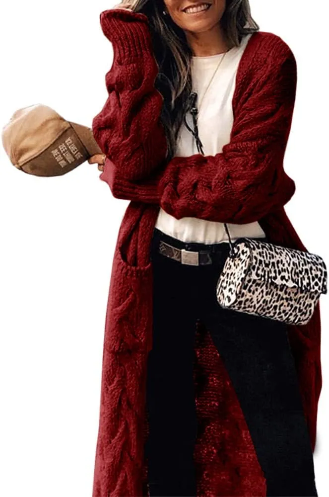 ZIWOCH Women's Long Cardigan Coats Cable Knit Casual Open Front Long Sleeve Loose Sweater with Pockets