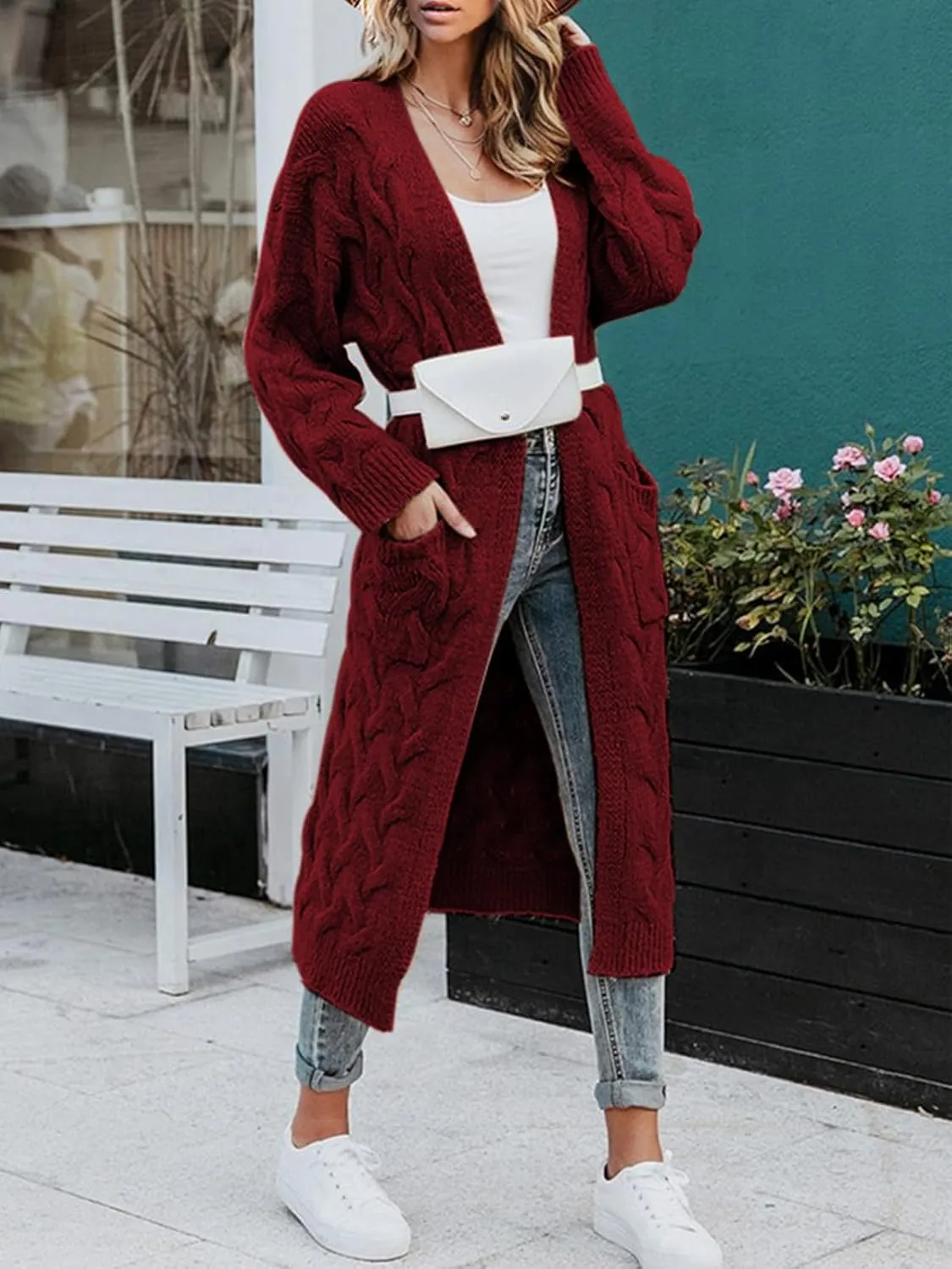 ZIWOCH Women's Long Cardigan Coats Cable Knit Casual Open Front Long Sleeve Loose Sweater with Pockets