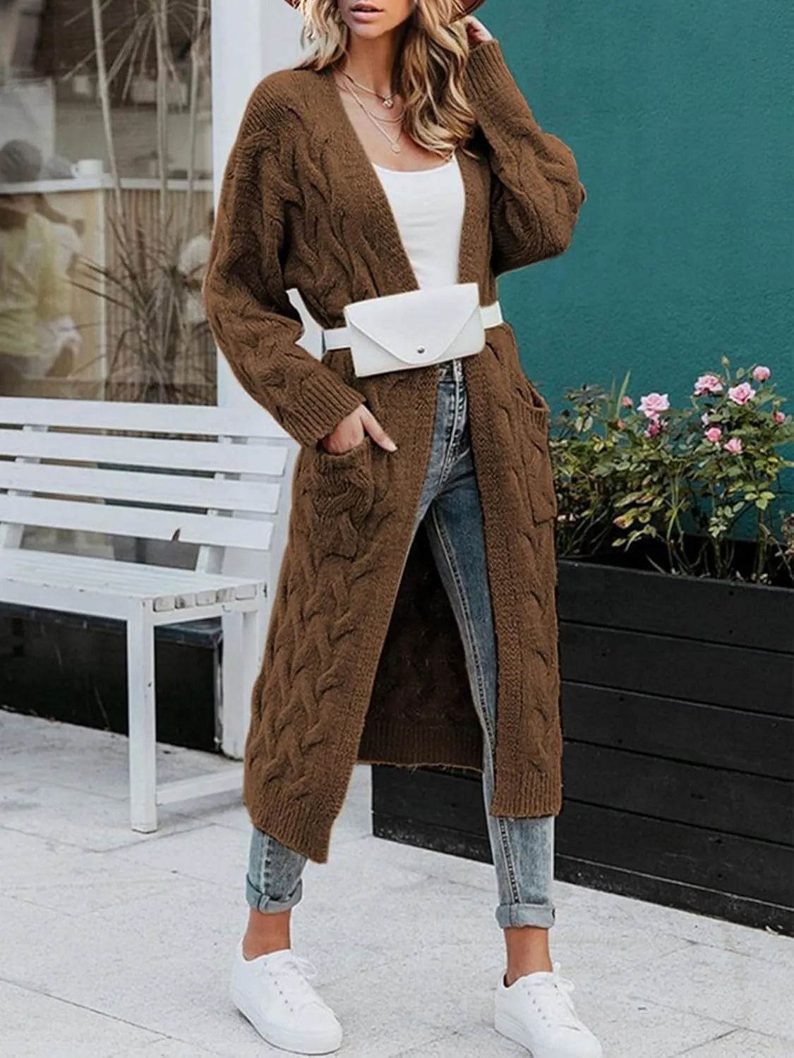 ZIWOCH Women's Long Cardigan Coats Cable Knit Casual Open Front Long Sleeve Loose Sweater with Pockets