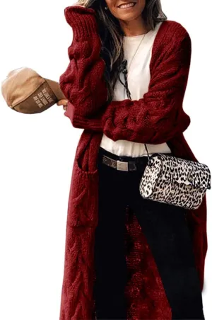 ZIWOCH Women's Long Cardigan Coats Cable Knit Casual Open Front Long Sleeve Loose Sweater with Pockets